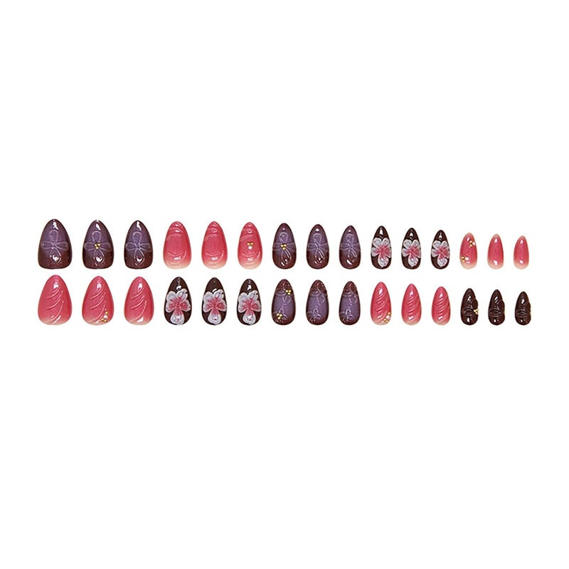 ASABITE 24 Pcs Almond Press on Nails Medium Length Fake Nails with Glue 3D Flower Nails Acrylic Nails Press ons Artificial Nails Spring Summer Glue on Nails Reusable False Nails Manicure for Women - Image 5